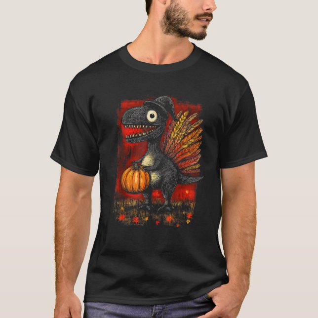Funny Thanksgiving Turkey Pilgrim Dinousaur For Ki T-Shirt (Front)