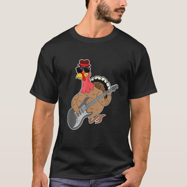 Funny Thanksgiving Turkey RockStar Turkey Playing  T-Shirt (Front)