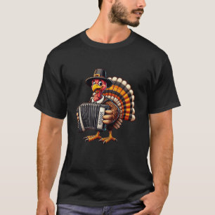 Funny Thanksgiving Turkey with Pilgrim Hat Playing T-Shirt