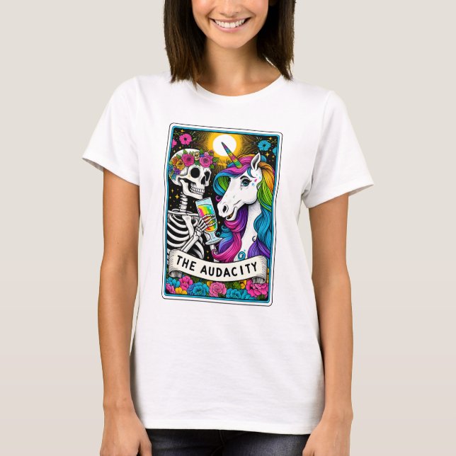 Funny The Audacity Unicorn and Skeleton Tarot T-Shirt (Front)