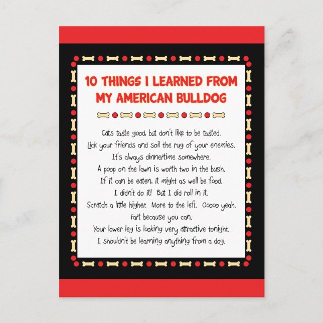 Funny Things I Learned From My American Bulldog Postcard (Front)