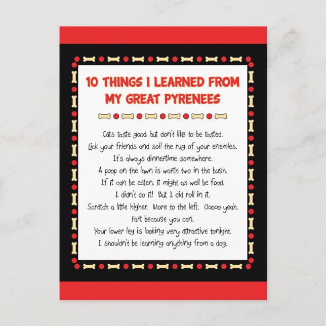 Funny Things I Learned From My Great Pyrenees Postcard (Front)