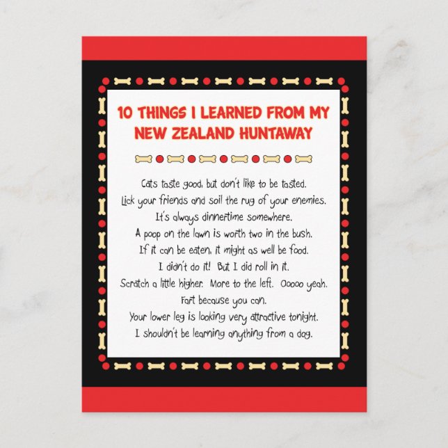 Funny Things I Learned From New Zealand Huntaway Postcard (Front)