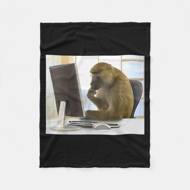 Funny Thinking Monkey Meme Office Curious Ape Brai Fleece Blanket (Front)