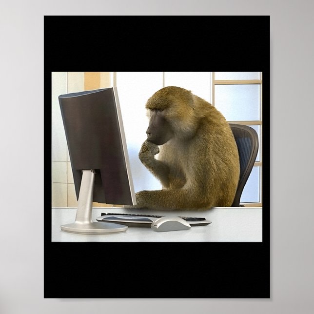 Funny Thinking Monkey Meme Office Curious Ape Brai Poster (Front)