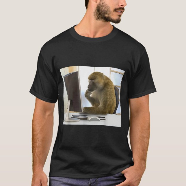 Funny Thinking Monkey Meme Office Curious Ape Brai T-Shirt (Front)