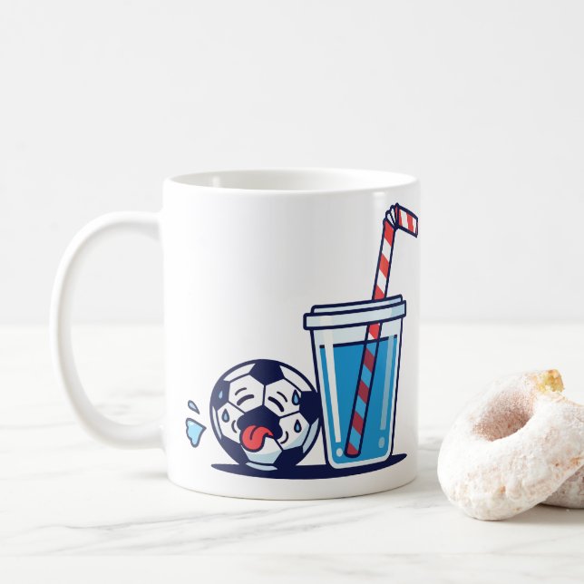 Funny Thirsty Soccer Ball Needing Cold Water Drink Coffee Mug (With Donut)