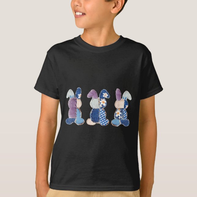 Funny three bunnies patchwork eggs rabbit happyFun T-Shirt (Front)