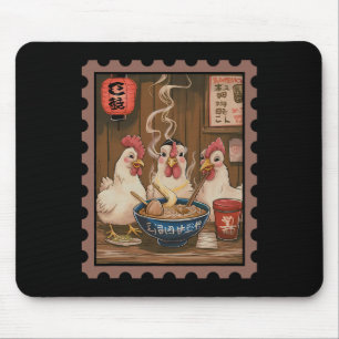 Funny Three Chicken Eating Ramen Noodles Japanese  Mouse Mat