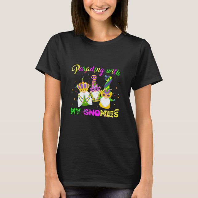 Funny Three Gnomes Mardi Gras Parading With My Gno T-Shirt (Front)