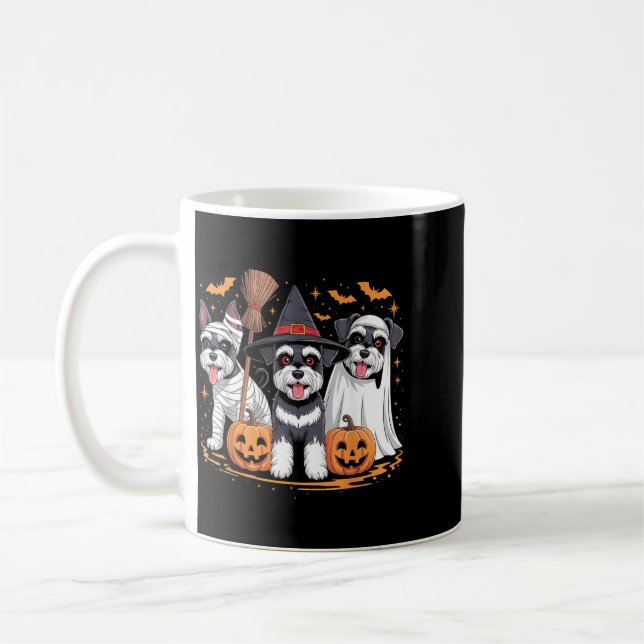 Funny Three Miniature Schnauzer Pumpkin Halloween Coffee Mug (Left)