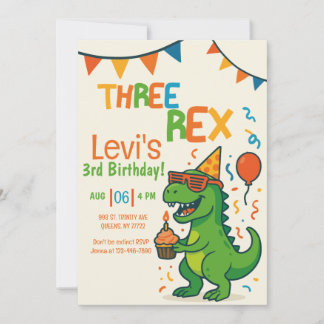 funny Three Rex 3rd Dinosaur Birthday  Invitation