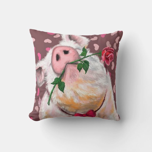 Funny Throw Pillow Gentleman Pig with Rose (Front)