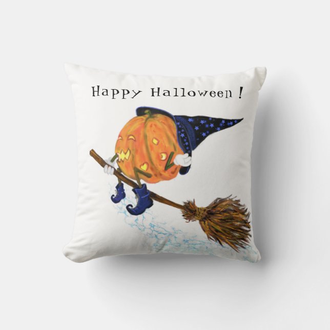 Funny Throw Pillow Halloween Witch Pumpkin Flying (Front)