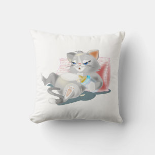 Funny Throw Pillow with Baby Cat Drinking Milk
