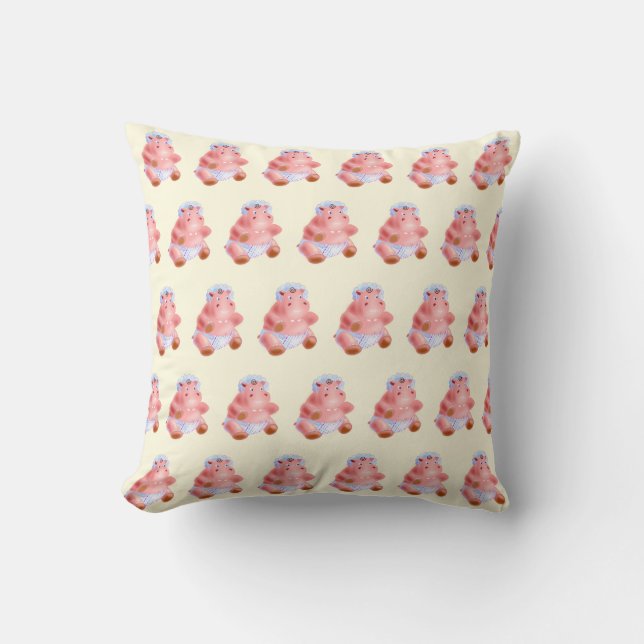 Funny Throw Pillow with Happy Baby Hippo (Front)