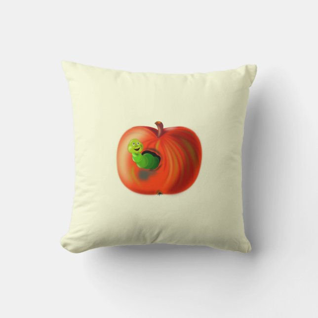 Funny Throw Pillow with Happy Worm In Red Apple (Front)