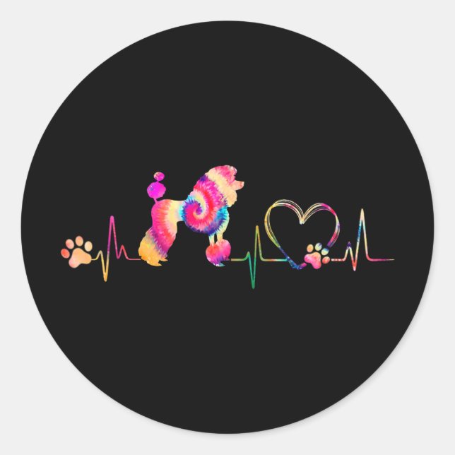 Funny Tie Dye Heart Beat Poodle Dog Puppy Lover  Classic Round Sticker (Front)