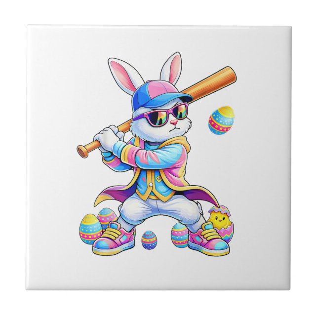 Funny Tie Dye Rabbit Baseball Easter Bunny Men Boy Tile (Front)