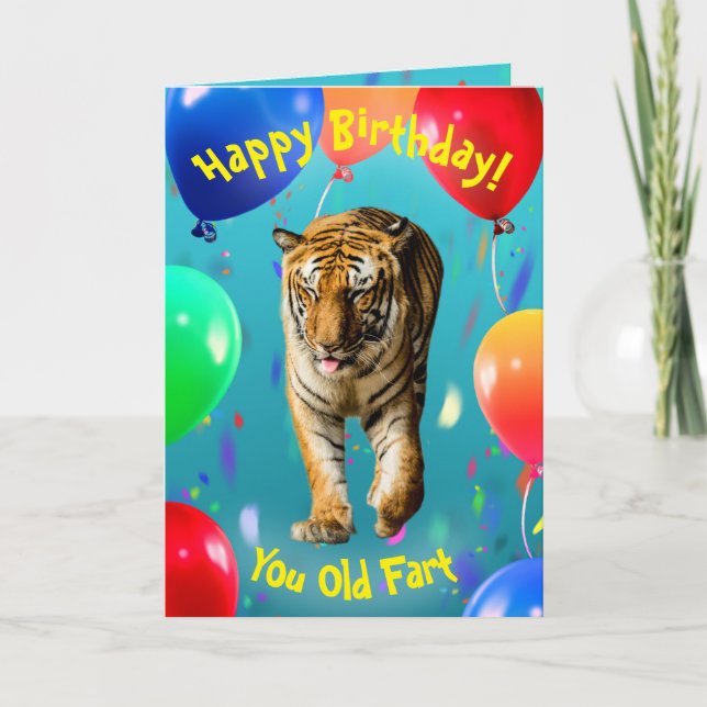 Funny Tiger Balloon Birthday Card (Front)