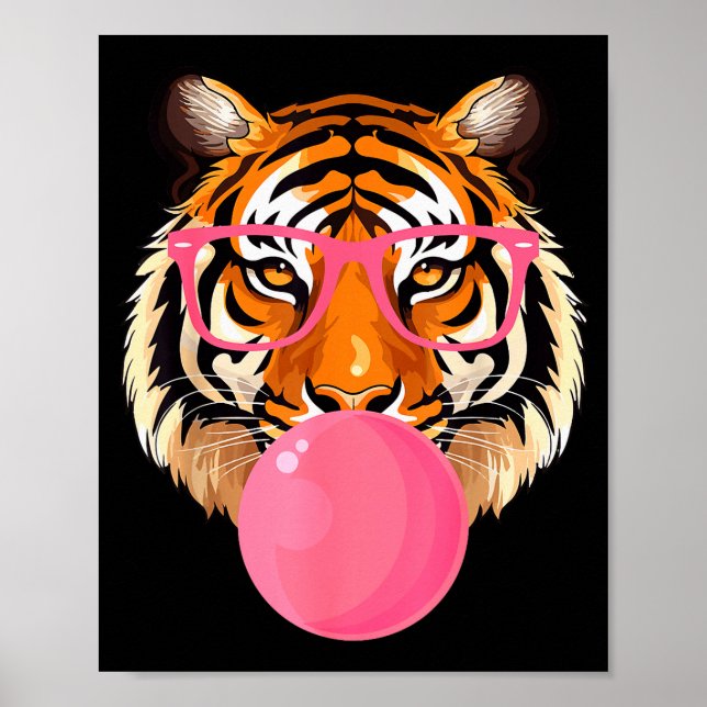 Funny Tiger Gles Blowing Bubble Gum Cute Tiger Fac Poster (Front)