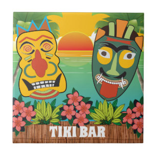 Funny Tiki Faces with tropical sunset Tile