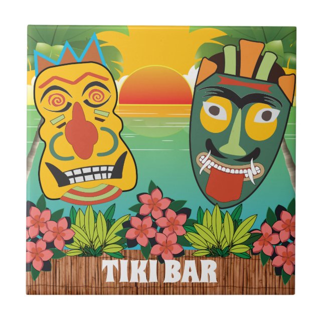 Funny Tiki Faces with tropical sunset Tile (Front)