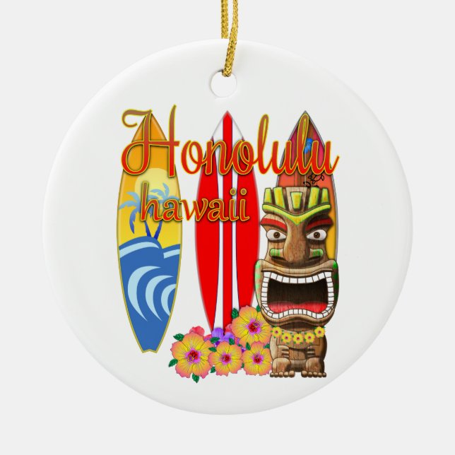 Funny Tiki Honolulu Hawaii Surfing Ceramic Tree Decoration (Front)
