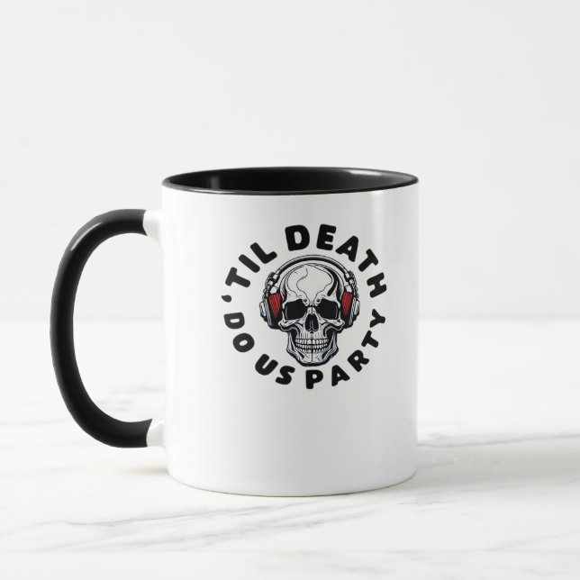 Funny Till Death Do Us Party Halloween Music Skull Mug (Left)