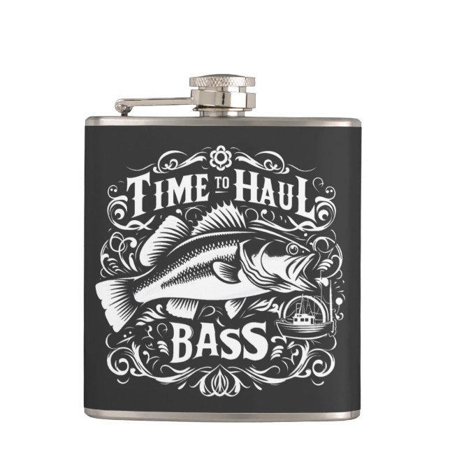 Funny Time to Haul Bass Fishing Boat Hip Flask (Front)