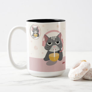 Funny Tired Cat in Headphones Drinking Orange Juic Two-Tone Coffee Mug