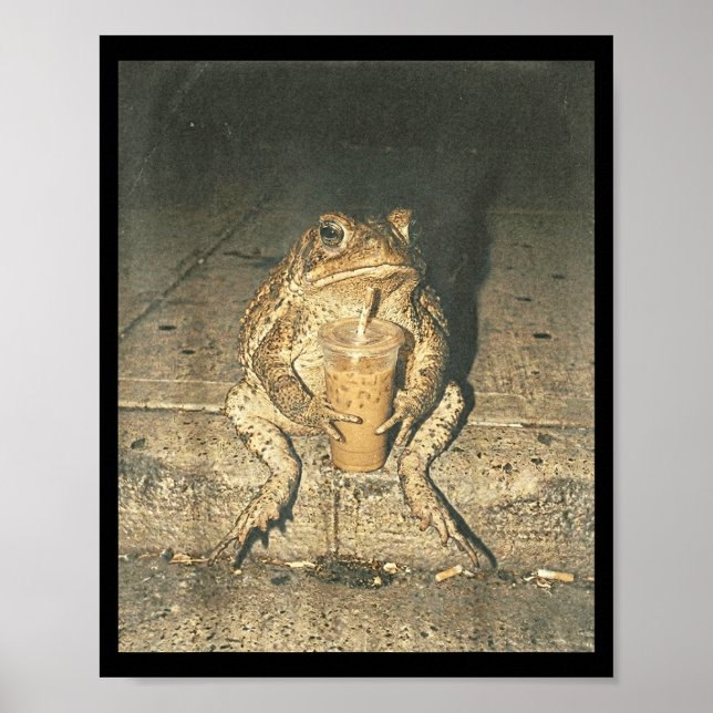 Funny toad drinking iced coffee goblincore meme poster (Front)