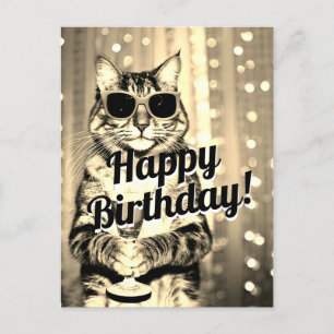 Funny toasting cat birthday postcard