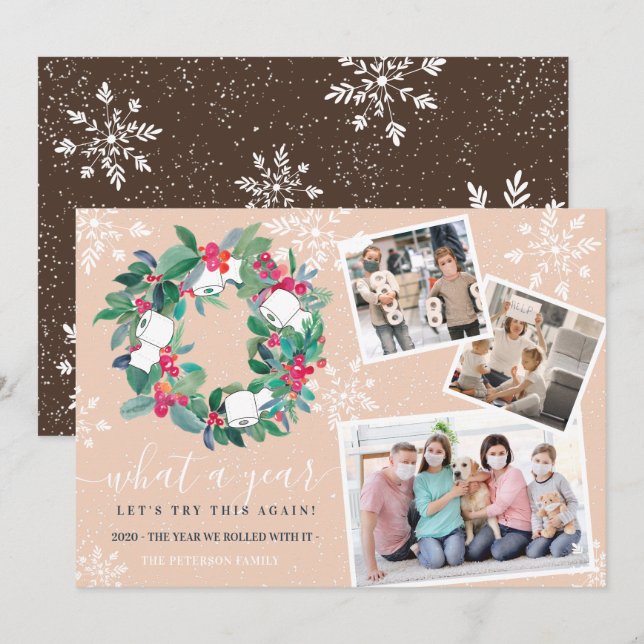 Funny toilet roll 2020 wreath New Year 3 photos Card (Front/Back)