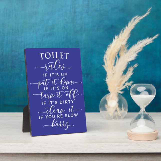 Funny Toilet Rules – Elegant White Text on Black Plaque (Side)