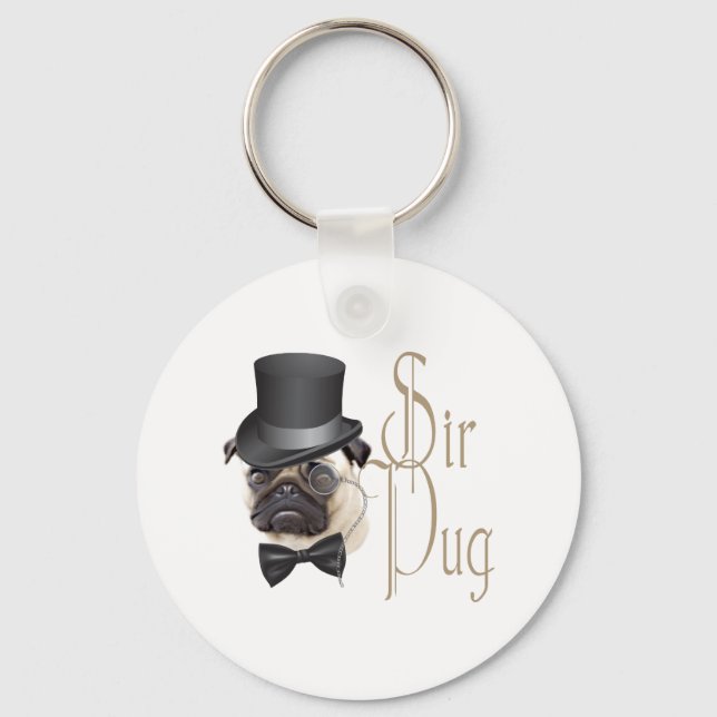 Funny Top Hat Monocle Sir Pug Dog Key Ring (Front)