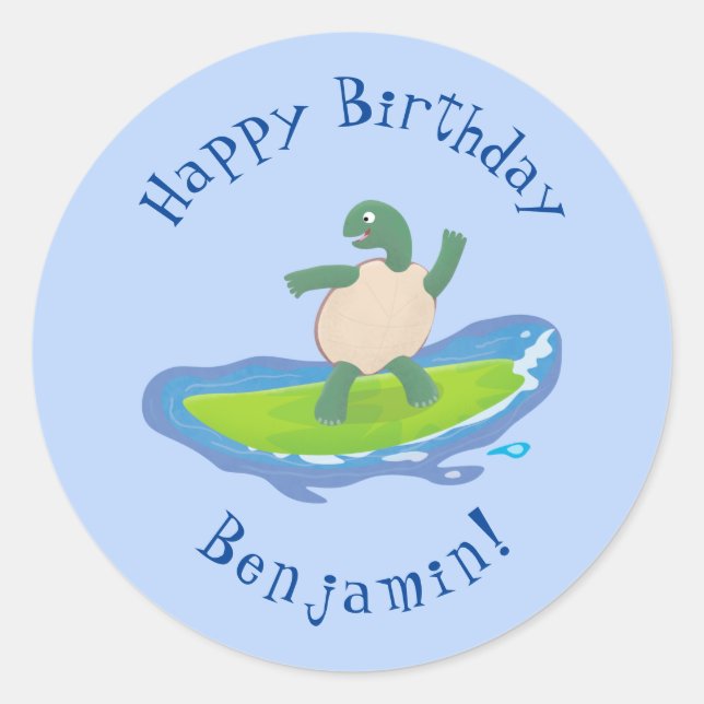 Funny tortoise wave surfing cartoon classic round sticker (Front)