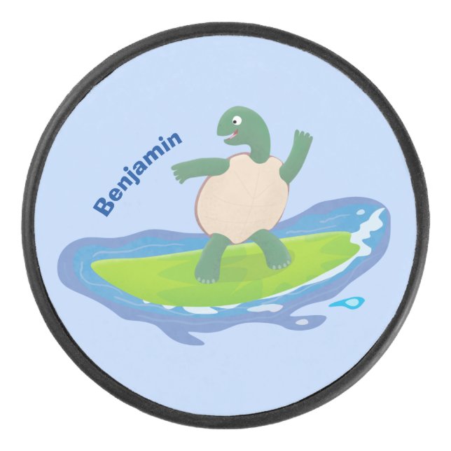 Funny tortoise wave surfing cartoon hockey puck (Front)