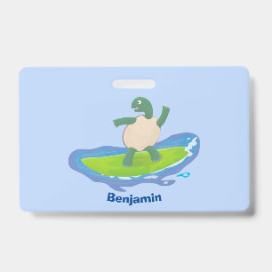 Funny tortoise wave surfing cartoon ID badge