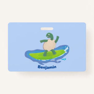 Funny tortoise wave surfing cartoon ID badge