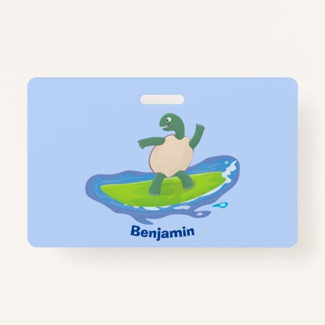Funny tortoise wave surfing cartoon ID badge (Front)