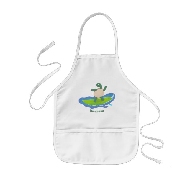Funny tortoise wave surfing cartoon kids apron (Front)