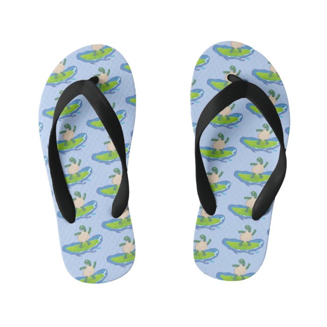 Funny tortoise wave surfing cartoon kid's flip flops (Footbed)