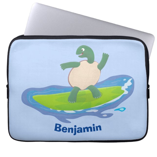 Funny tortoise wave surfing cartoon laptop sleeve (Front)