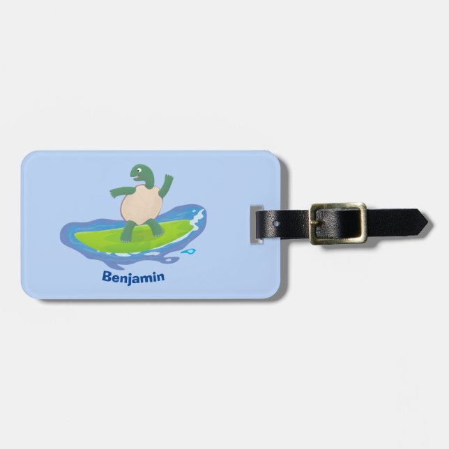 Funny tortoise wave surfing cartoon luggage tag (Front Horizontal)