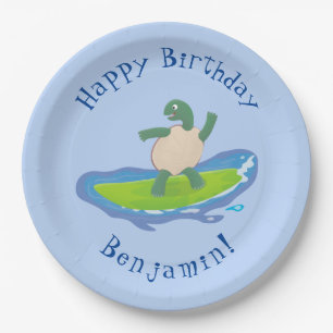 Funny tortoise wave surfing cartoon paper plate
