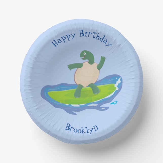 Funny tortoise wave surfing cartoon paper plate (Front)