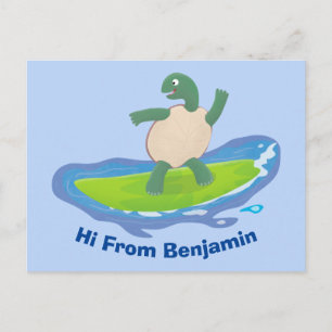 Funny tortoise wave surfing cartoon  postcard