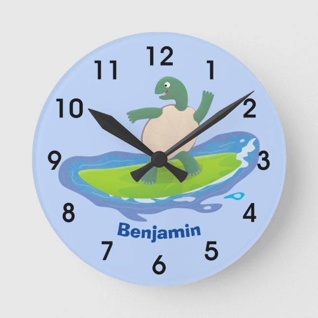 Funny tortoise wave surfing cartoon round clock (Front)