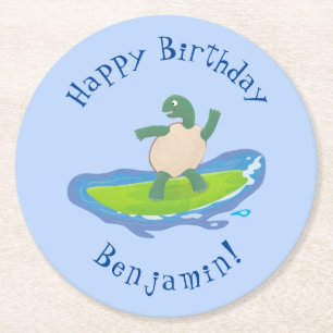 Funny tortoise wave surfing cartoon round paper coaster